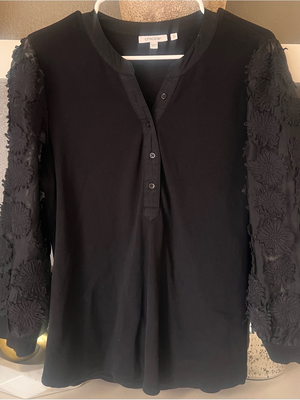 Chico's Black Floral-Sleeve Henley Top